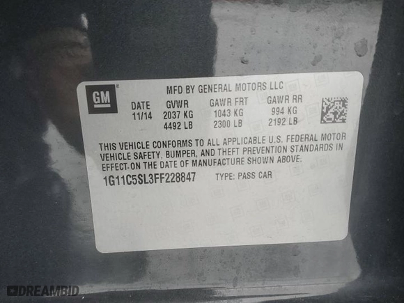 2015 Chevrolet Malibu LT with VIN 1G11C5SL3FF228847, listed as a Copart auction lot 43584825 with 115,164 mi miles and Salvage Title. Bid and sale history available at carsss.com. Image 12.