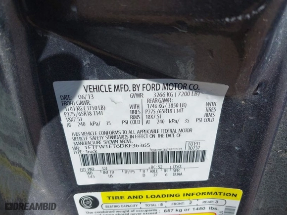 2013 Ford F-150 XL with VIN 1FTFW1ET6DKF36365, listed as a IAAI auction lot 41349275 with 110,193 mi miles. Bid and sale history available at carsss.com. Image 9.