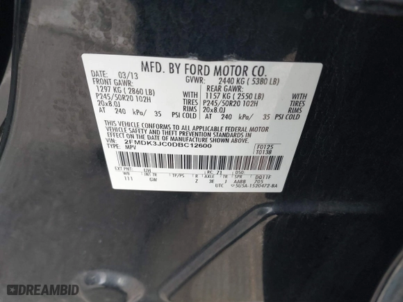 2013 Ford Edge SEL with VIN 2FMDK3JC0DBC12600, listed as a IAAI auction lot 41894681 with 118,324 mi miles. Bid and sale history available at carsss.com. Image 9.