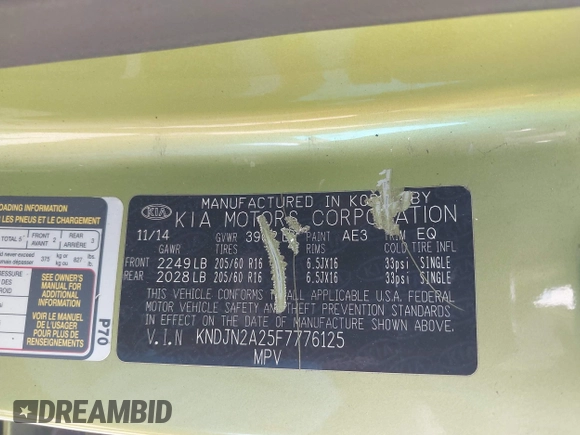 2015 Kia Soul z VIN KNDJN2A25F7776125, wystawiony jako IAAI lot #42182438 z przebiegiem Nie podano mil oraz . Historia ofert i sprzedaży dostępna na DreamBid. Obrazek 9.