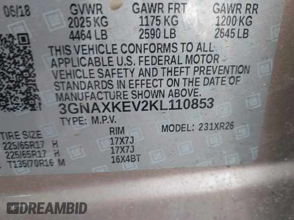2019 Chevrolet Equinox LT with VIN 3GNAXKEV2KL110853, listed as a IAAI auction lot 41797668 with 101,699 mi miles and . Bid and sale history available at DreamBid. Image 9.