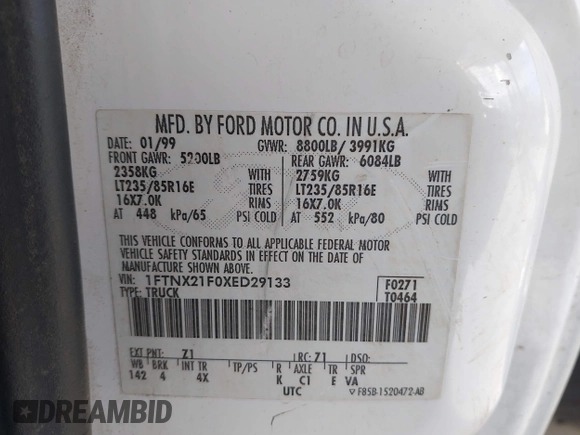 1999 Ford F-250 XL с VIN 1FTNX21F0XED29133, выставлен на аукционе IAAI как лот 41713142 с пробегом 357 060 миль миль и . История ставок и продаж доступна на DreamBid. Изображение 9.