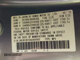 2010 Honda CR-V EX-L with VIN JHLRE3H75AC005063, listed as a IAAI auction lot 42208493 with 170,957 mi miles and . Bid and sale history available at carsss.com. Image 9.