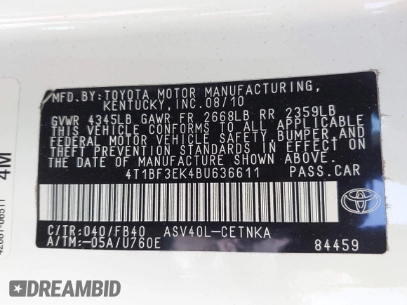 2011 Toyota Camry LE with VIN 4T1BF3EK4BU636611, listed as a IAAI auction lot 42037255 with 260,431 mi miles and . Bid and sale history available at carsss.com. Image 9.