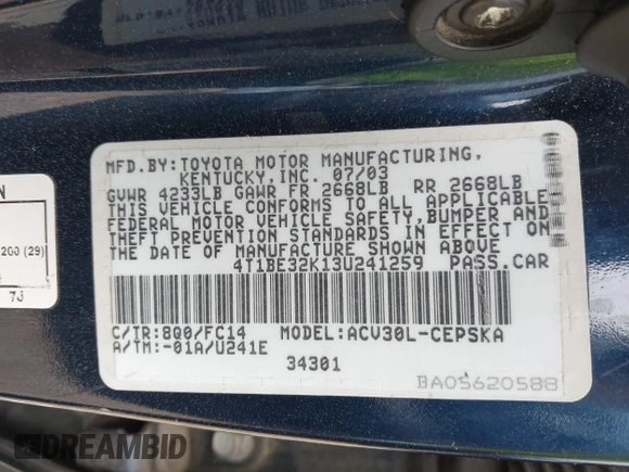 2003 Toyota Camry LE with VIN 4T1BE32K13U241259, listed as a IAAI auction lot 41907480 with 281,229 mi miles and . Bid and sale history available at DreamBid. Image 9.