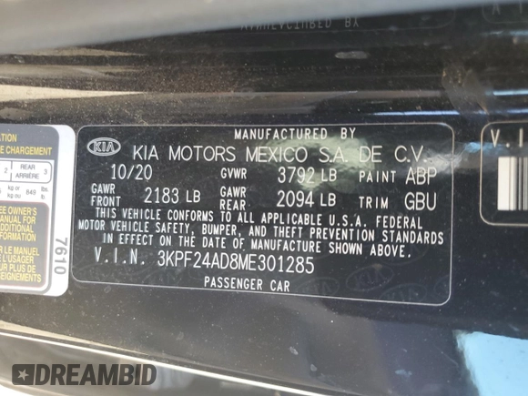 2021 Kia Forte LXS with VIN 3KPF24AD8ME301285, listed as a Copart auction lot 59936895 with 72,055 mi miles and Salvage title. Bid and sale history available at DreamBid. Image 12.