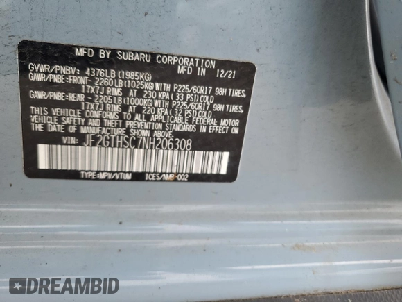 2022 Subaru Crosstrek Special Sports with VIN JF2GTHSC7NH206308, listed as a Copart auction lot 63663325 with 29,047 mi miles and Salvage title. Bid and sale history available at DreamBid. Image 13.