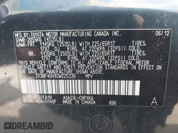 2012 Toyota RAV4 with VIN 2T3BF4DVXCW225336, listed as a IAAI auction lot 41859861 with 333,579 mi miles. Bid and sale history available at carsss.com. Image 9.