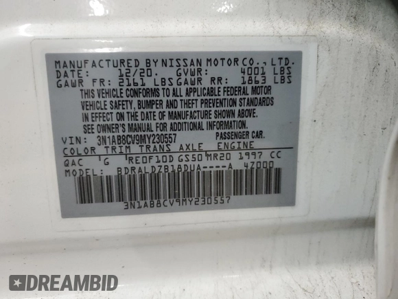 2021 Nissan Sentra SV with VIN 3N1AB8CV9MY230557, listed as a Copart auction lot 52199495 with 72,095 mi miles and Salvage Title. Bid and sale history available at DreamBid. Image 13.