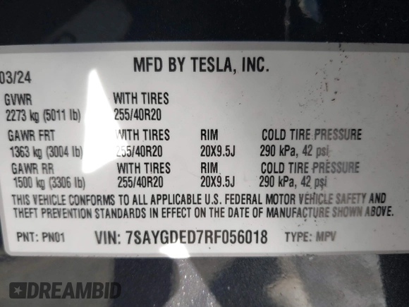 2024 Tesla Model Y с VIN 7SAYGDED7RF056018, выставлен на аукционе IAAI как лот 41322262 с пробегом 3 619 миль миль и . История ставок и продаж доступна на DreamBid. Изображение 9.