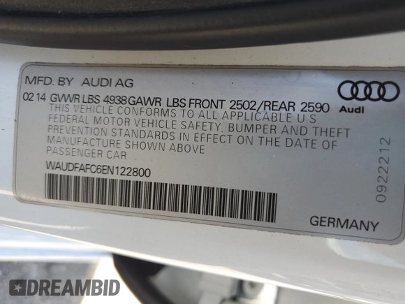 2014 Audi A6 Premium Plus with VIN WAUDFAFC6EN122800, listed as a Copart auction lot 57703495 with 176,272 mi miles and Clean title. Bid and sale history available at DreamBid. Image 12.