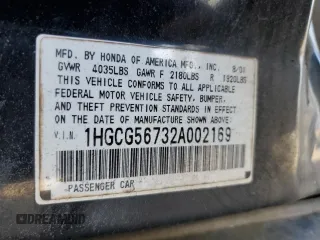 2002 Honda Accord SE with VIN 1HGCG56732A002169, listed as a Copart auction lot 53812025 with 178,387 mi miles and Clean title. Bid and sale history available at DreamBid. Image 12.