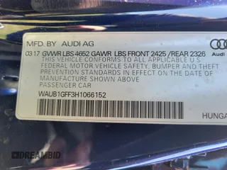 2017 Audi S3 Premium Plus with VIN WAUB1GFF3H1066152, listed as a IAAI auction lot 42032213 with 85,816 mi miles. Bid and sale history available at carsss.com. Image 8.