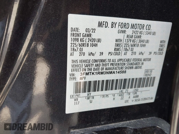 2022 Ford Mustang Mach-E Select with VIN 3FMTK1RM3NMA14588, listed as a IAAI auction lot 42068162 with 85,123 mi miles and . Bid and sale history available at DreamBid. Image 9.
