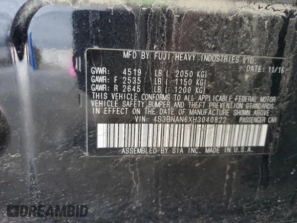 2017 Subaru Legacy Limited with VIN 4S3BNAN6XH3040822, listed as a Copart auction lot 55981165 with 108,294 mi miles and Salvage title. Bid and sale history available at DreamBid. Image 12.