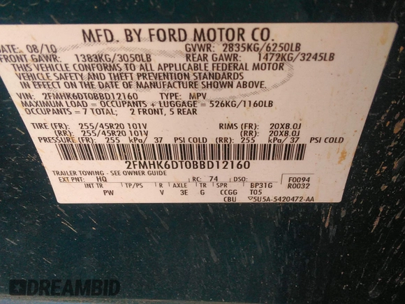 2011 Ford Flex Limited w/Ecoboost with VIN 2FMHK6DT0BBD12160, listed as a IAAI auction lot 41773809 with 189,282 mi miles. Bid and sale history available at carsss.com. Image 9.