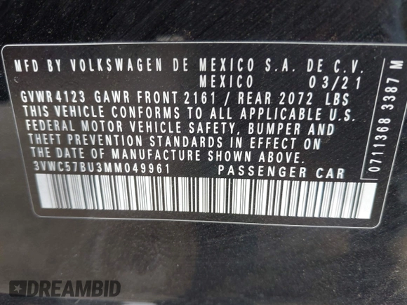 2021 Volkswagen Jetta S with VIN 3VWC57BU3MM049961, listed as a IAAI auction lot 41933307 with 74,891 mi miles and . Bid and sale history available at DreamBid. Image 9.
