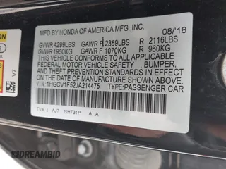 2018 Honda Accord EX-L with VIN 1HGCV1F52JA214475, listed as a IAAI auction lot 42297253 with 184,929 mi miles and . Bid and sale history available at DreamBid. Image 9.