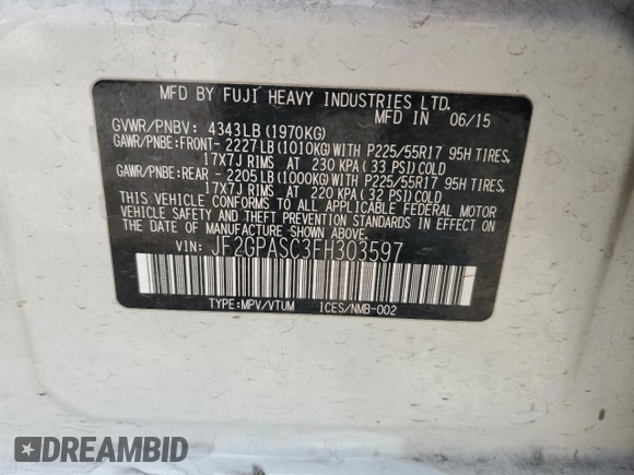 2015 Subaru Crosstrek Limited with VIN JF2GPASC3FH303597, listed as a Copart auction lot 57317715 with 101,592 mi miles and Salvage title. Bid and sale history available at DreamBid. Image 14.