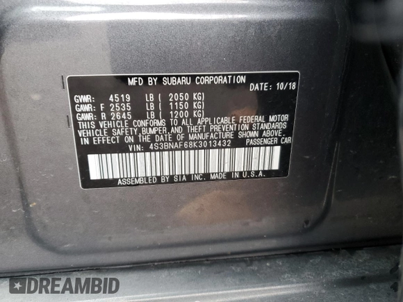 2019 Subaru Legacy Premium with VIN 4S3BNAF68K3013432, listed as a Copart auction lot 38697273 with 0 mi miles. Bid and sale history available at carsss.com. Image 14.