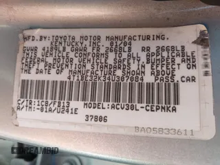 2004 Toyota Camry LE with VIN 4T1BE32K34U307084, listed as a IAAI auction lot 41960265 with 249,222 mi miles. Bid and sale history available at carsss.com. Image 9.