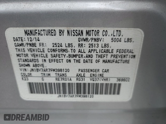 2015 Infiniti Q50 with VIN JN1BV7AR7FM398120, listed as a Copart auction lot 58540555 with 122,864 mi miles and Salvage title. Bid and sale history available at DreamBid. Image 12.