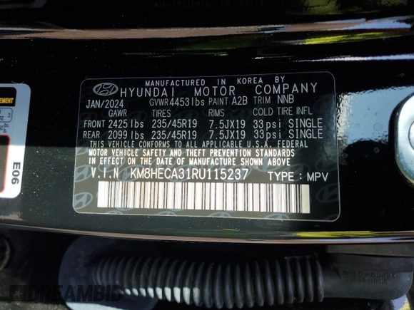 2024 Hyundai Kona Limited with VIN KM8HECA31RU115237, listed as a Copart auction lot 52013075 with 10,442 mi miles and Salvage Title. Bid and sale history available at carsss.com. Image 13.