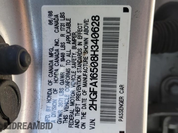 2008 Honda Civic LX with VIN 2HGFA16508H340628, listed as a Copart auction lot 55938535 with 168,922 mi miles and Salvage Title. Bid and sale history available at DreamBid. Image 12.