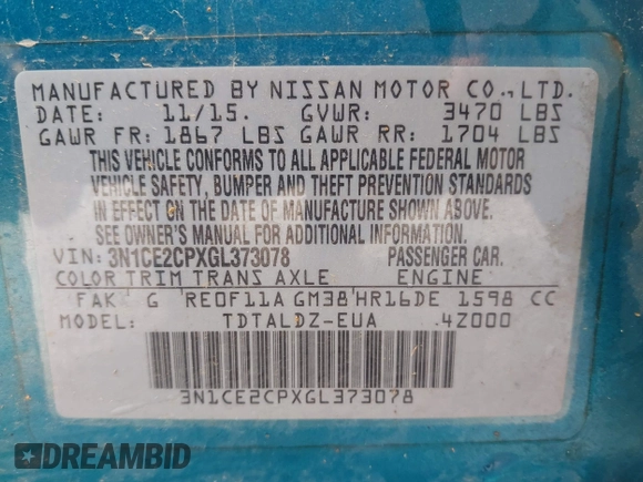 2016 Nissan Note S with VIN 3N1CE2CPXGL373078, listed as a IAAI auction lot 42311981 with 198,350 mi miles and . Bid and sale history available at DreamBid. Image 9.