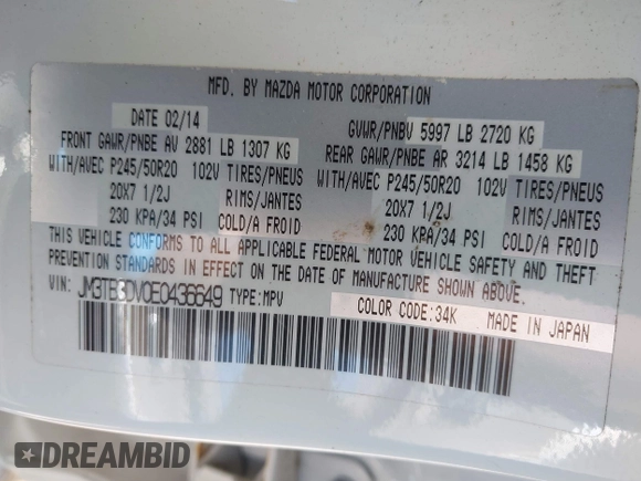 2014 Mazda CX-9 Grand Touring z VIN JM3TB3DV0E0436649, wystawiony jako IAAI lot #42319638 z przebiegiem 128 421 mil mil oraz . Historia ofert i sprzedaży dostępna na DreamBid. Obrazek 9.