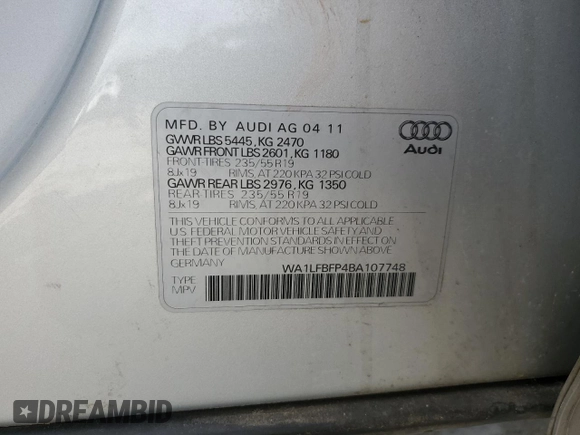 2011 Audi Q5 Premium Plus with VIN WA1LFBFP4BA107748, listed as a Copart auction lot 56346815 with 275,595 mi miles and Clean title. Bid and sale history available at DreamBid. Image 13.