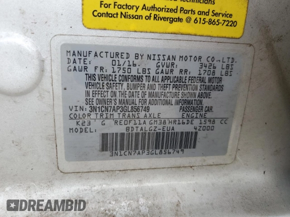 2016 Nissan Versa SV with VIN 3N1CN7AP3GL856749, listed as a Copart auction lot 70014214 with 84,975 mi miles and Salvage Title. Bid and sale history available at DreamBid. Image 13.