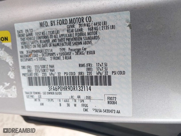 2013 Ford Fusion SE with VIN 3FA6P0HR9DR132114, listed as a IAAI auction lot 42007445 with 133,769 mi miles. Bid and sale history available at carsss.com. Image 9.
