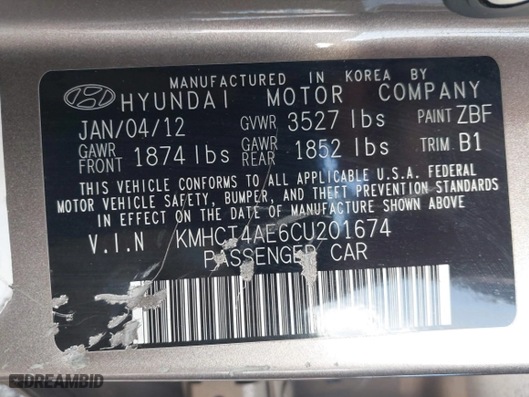 2012 Hyundai Accent GLS with VIN KMHCT4AE6CU201674, listed as a IAAI auction lot 40781309 with 90,356 mi miles. Bid and sale history available at carsss.com. Image 9.