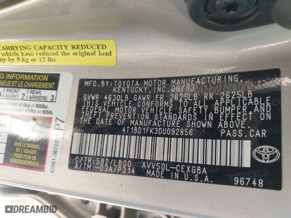 2013 Toyota Camry Hybrid LE with VIN 4T1BD1FK3DU092856, listed as a IAAI auction lot 42010493 with 27,497 mi miles. Bid and sale history available at carsss.com. Image 9.