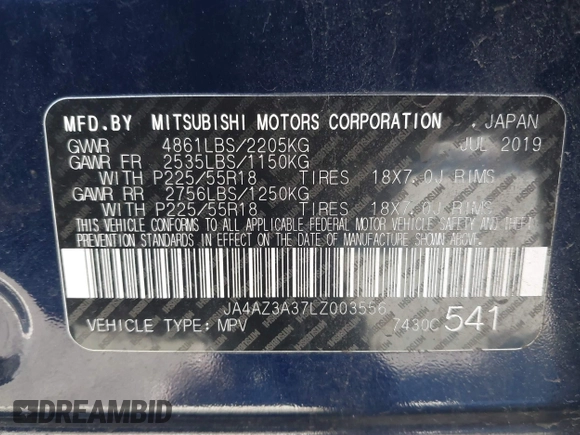 2020 Mitsubishi Outlander ES with VIN JA4AZ3A37LZ003556, listed as a IAAI auction lot 41748908 with 98,244 mi miles and . Bid and sale history available at DreamBid. Image 9.