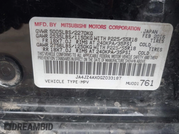 2016 Mitsubishi Outlander GT with VIN JA4JZ4AX0GZ033187, listed as a IAAI auction lot 41356040 with 100,462 mi miles and . Bid and sale history available at DreamBid. Image 9.