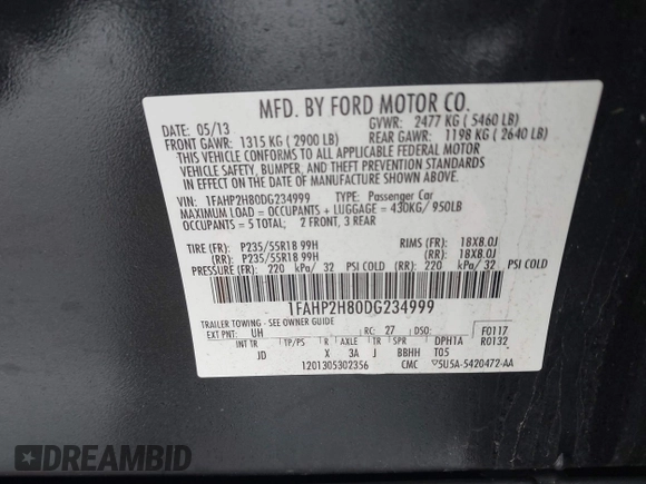 2013 Ford Taurus SEL with VIN 1FAHP2H80DG234999, listed as a IAAI auction lot 41577003 with 115,403 mi miles and . Bid and sale history available at DreamBid. Image 9.