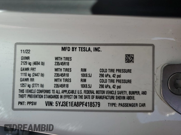 2023 Tesla Model 3 z VIN 5YJ3E1EA8PF418579, wystawiony jako Copart lot #54108945 z przebiegiem 68 444 mil mil oraz Szkoda całkowita • Salvage title. Historia ofert i sprzedaży dostępna na DreamBid. Obrazek 12.