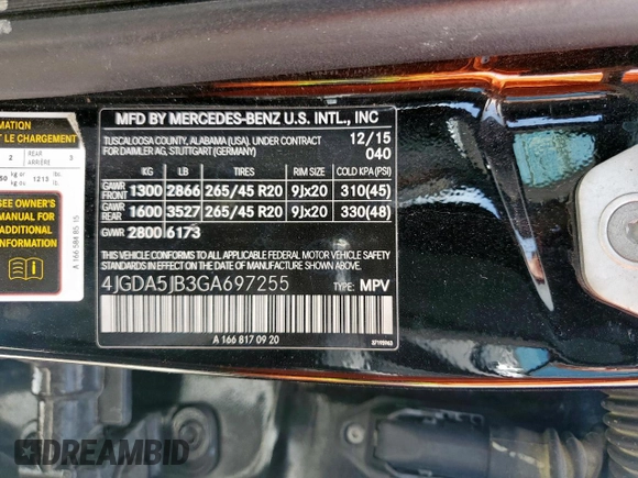 2016 Mercedes-Benz GLE 350 with VIN 4JGDA5JB3GA697255, listed as a Copart auction lot 56719985 with Not provided miles and Salvage title. Bid and sale history available at DreamBid. Image 12.
