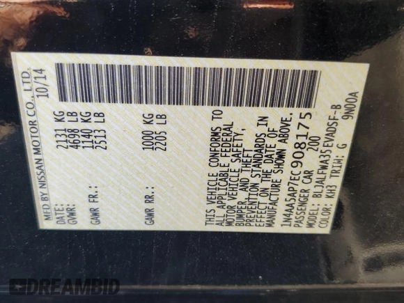 2014 Nissan Maxima SV z VIN 1N4AA5AP7EC908175, wystawiony jako Copart lot #61656265 z przebiegiem 282 757 mil mil oraz Szkoda całkowita • Salvage title. Historia ofert i sprzedaży dostępna na DreamBid. Obrazek 12.
