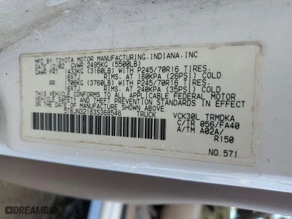 2003 Toyota Tundra with VIN 5TBJN32183S368546, listed as a Copart auction lot 51229355 with 241,722 mi miles and Salvage Title. Bid and sale history available at carsss.com. Image 12.