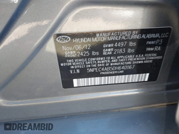 2013 Hyundai Sonata Limited with VIN 5NPEC4AB5DH640167, listed as a IAAI auction lot 40609887 with 93,611 mi miles and . Bid and sale history available at DreamBid. Image 9.