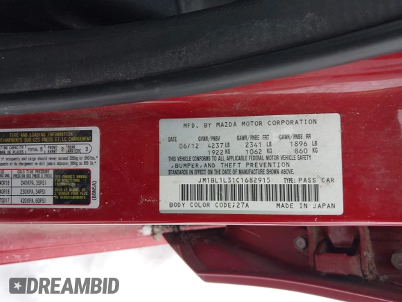 2012 Mazda 3 Mazdaspeed3 Touring with VIN JM1BL1L31C1682915, listed as a IAAI auction lot 41310903 with 130,298 mi miles and . Bid and sale history available at DreamBid. Image 9.