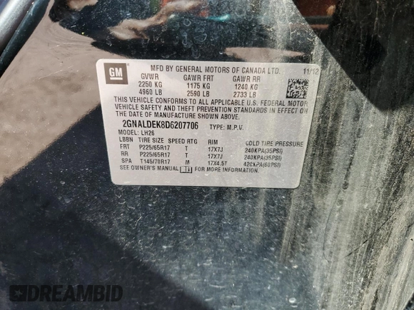 2013 Chevrolet Equinox LT with VIN 2GNALDEK8D6207706, listed as a Copart auction lot 56551825 with 110,615 mi miles and Clean Title. Bid and sale history available at DreamBid. Image 13.