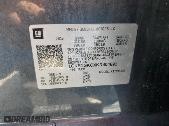 2019 GMC Yukon XL SLT with VIN 1GKS1GKCXKR404691, listed as a Copart auction lot 66746584 with Not Provided miles and Salvage Title. Bid and sale history available at carsss.com. Image 14.