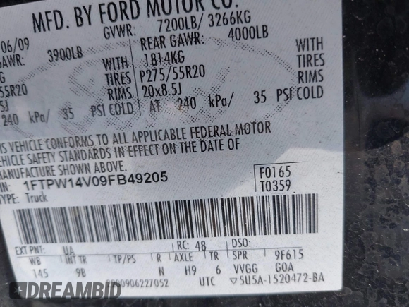 2009 Ford F-150 XL with VIN 1FTPW14V09FB49205, listed as a IAAI auction lot 41806637 with 179,967 mi miles. Bid and sale history available at carsss.com. Image 9.