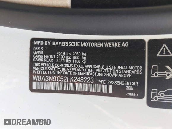2015 BMW 4 Series 428i xDrive with VIN WBA3N9C52FK248223, listed as a IAAI auction lot 42668268 with 151,390 mi miles and . Bid and sale history available at DreamBid. Image 9.