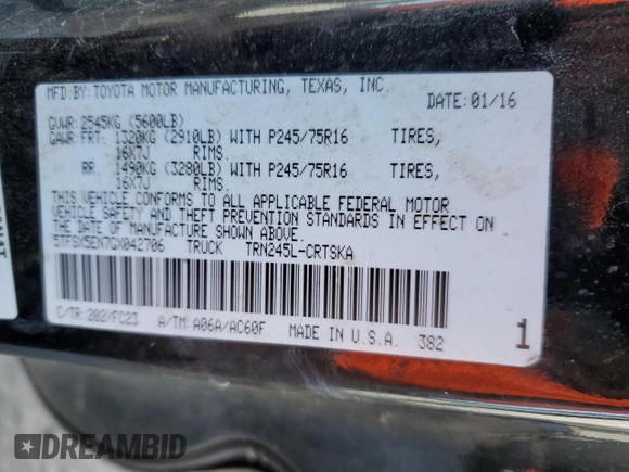 2016 Toyota Tacoma SR z VIN 5TFSX5EN7GX042706, wystawiony jako Copart lot #80982144 z przebiegiem 108 048 mil mil oraz Szkoda całkowita • Salvage title. Historia ofert i sprzedaży dostępna na DreamBid. Obrazek 14.