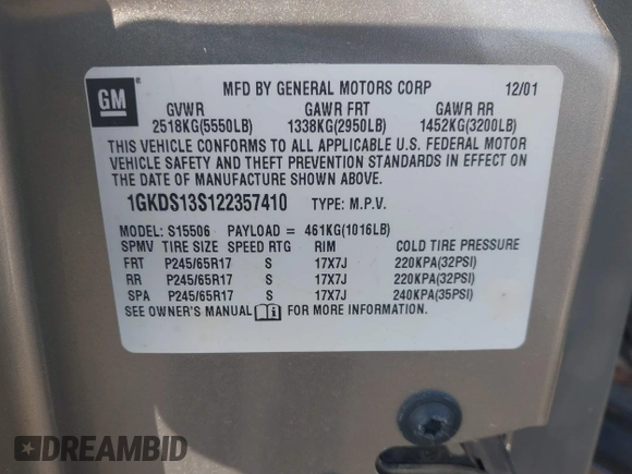 2002 GMC Envoy SLE z VIN 1GKDS13S122357410, wystawiony jako IAAI lot #42355556 z przebiegiem Nie podano mil oraz . Historia ofert i sprzedaży dostępna na DreamBid. Obrazek 9.